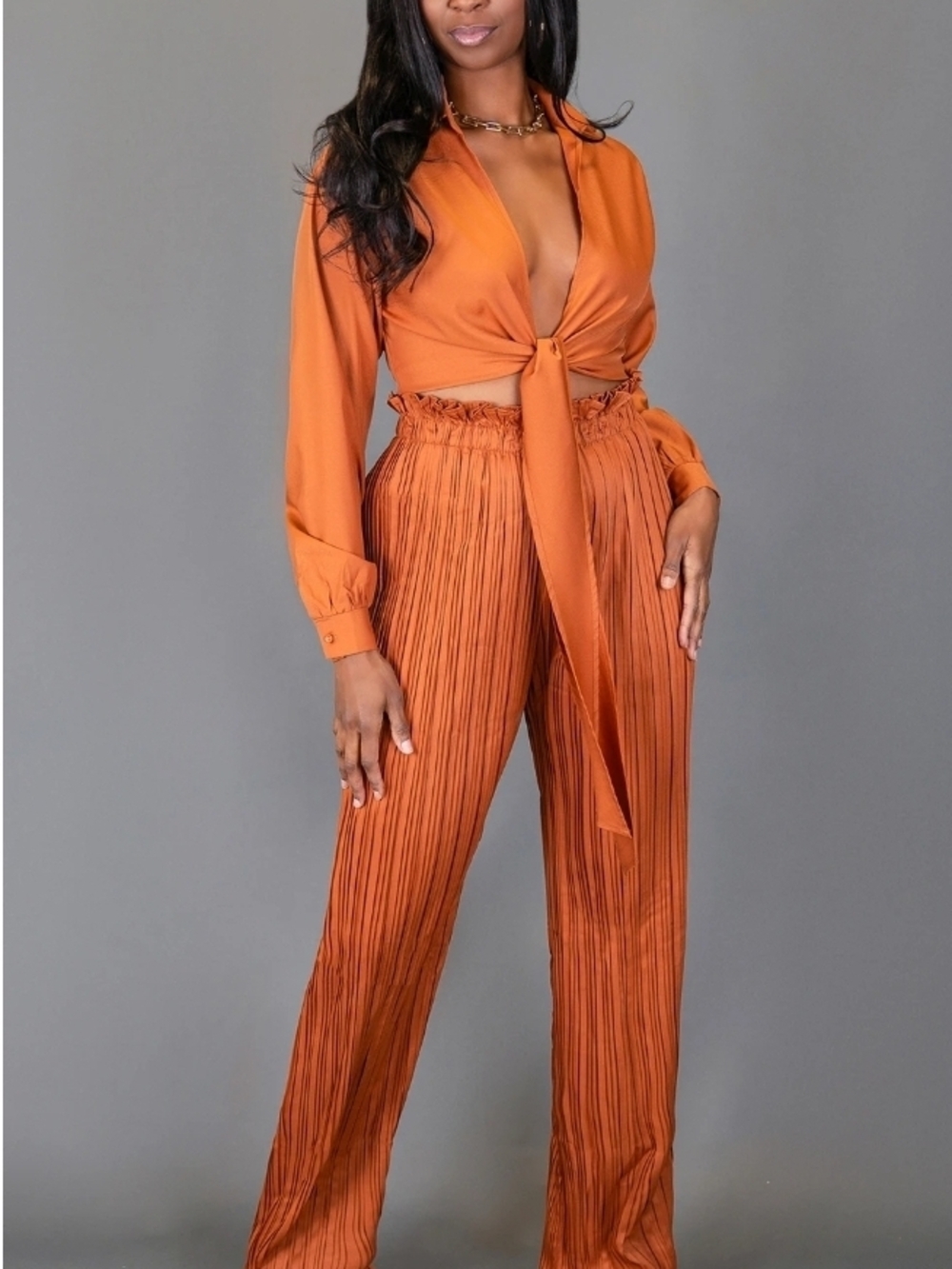 Tall Tie-Front Wide Leg Jumpsuit Set in Rust Orange